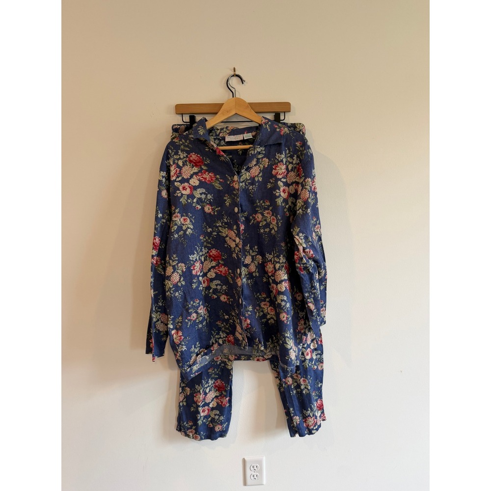 Allison Rhea Vintage Floral Pajama Set Blue Cotton Button Down Pants XL